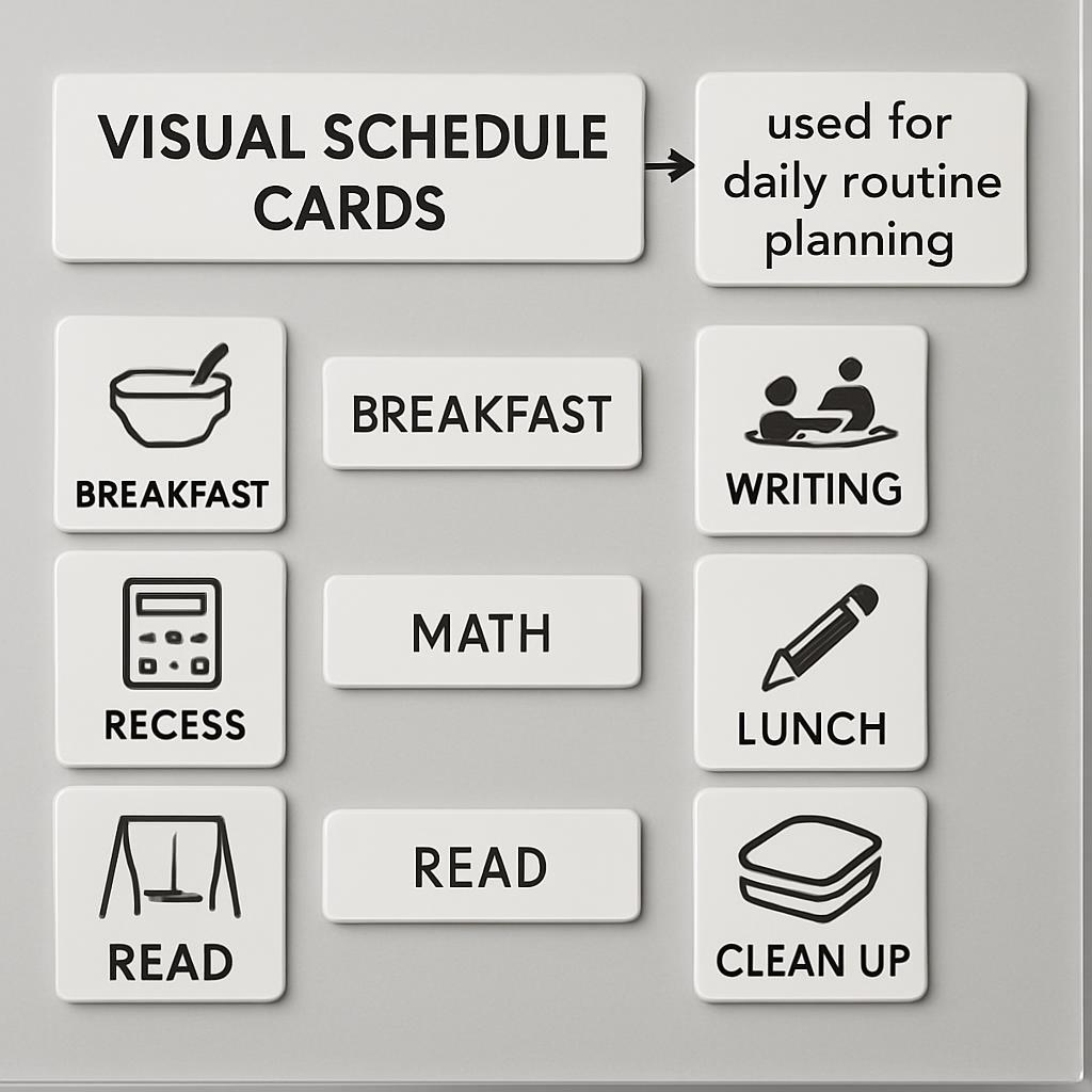 These are visual schedule cards used for daily routine planning.