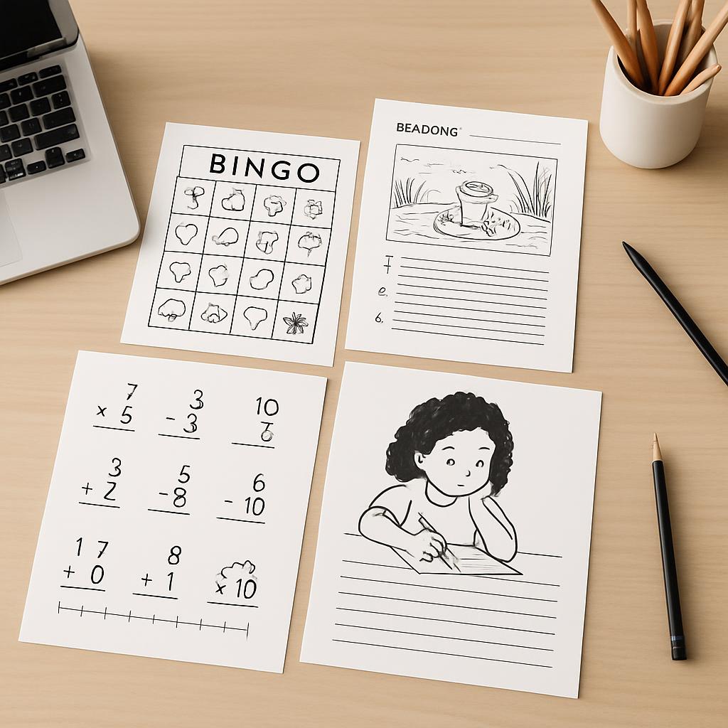 A collection of worksheets spreadout on a desk for self-study and educational purposes.